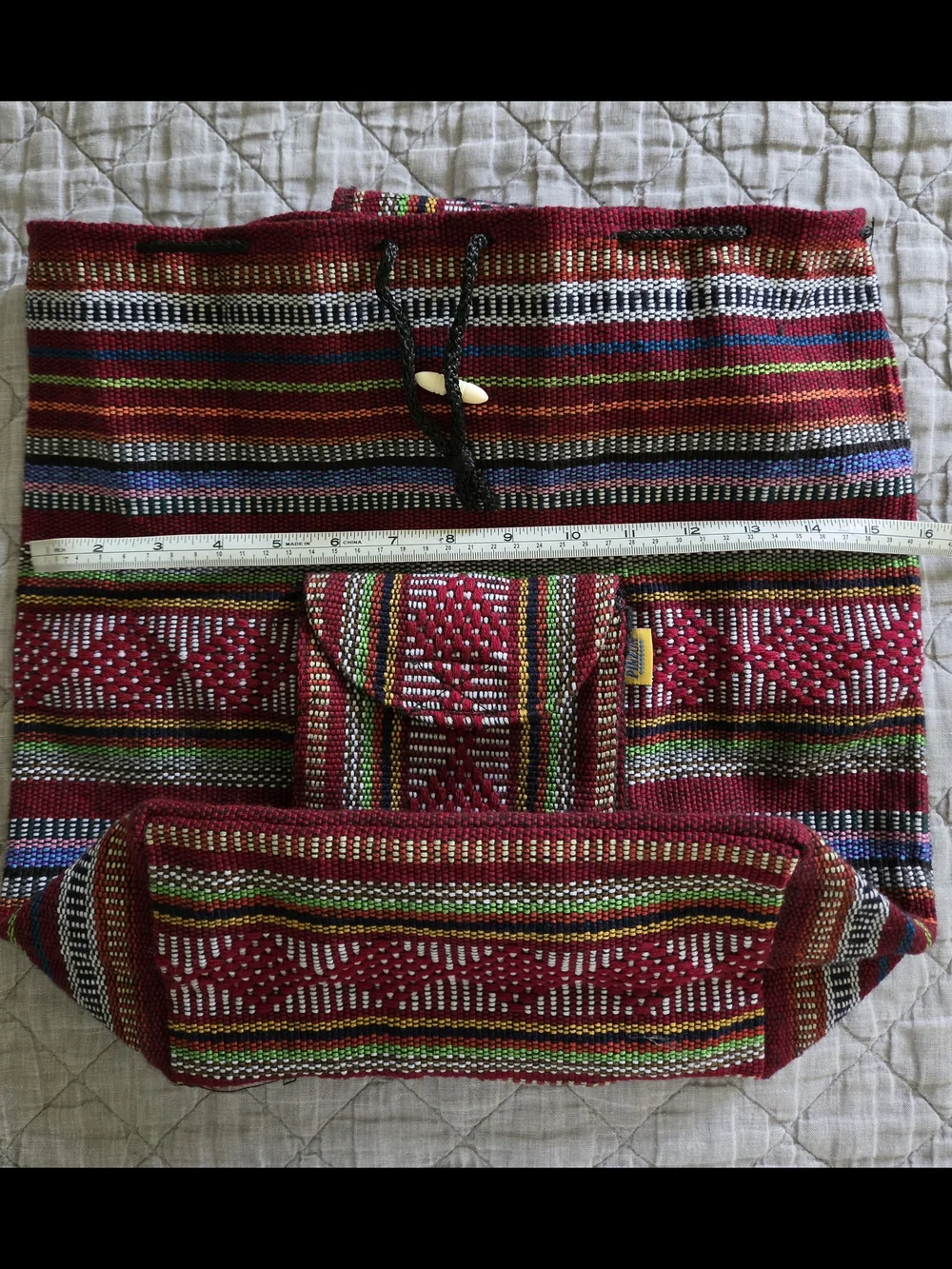 Handwoven Red Multicolor Drawstring Backpack, Made In MEXICO